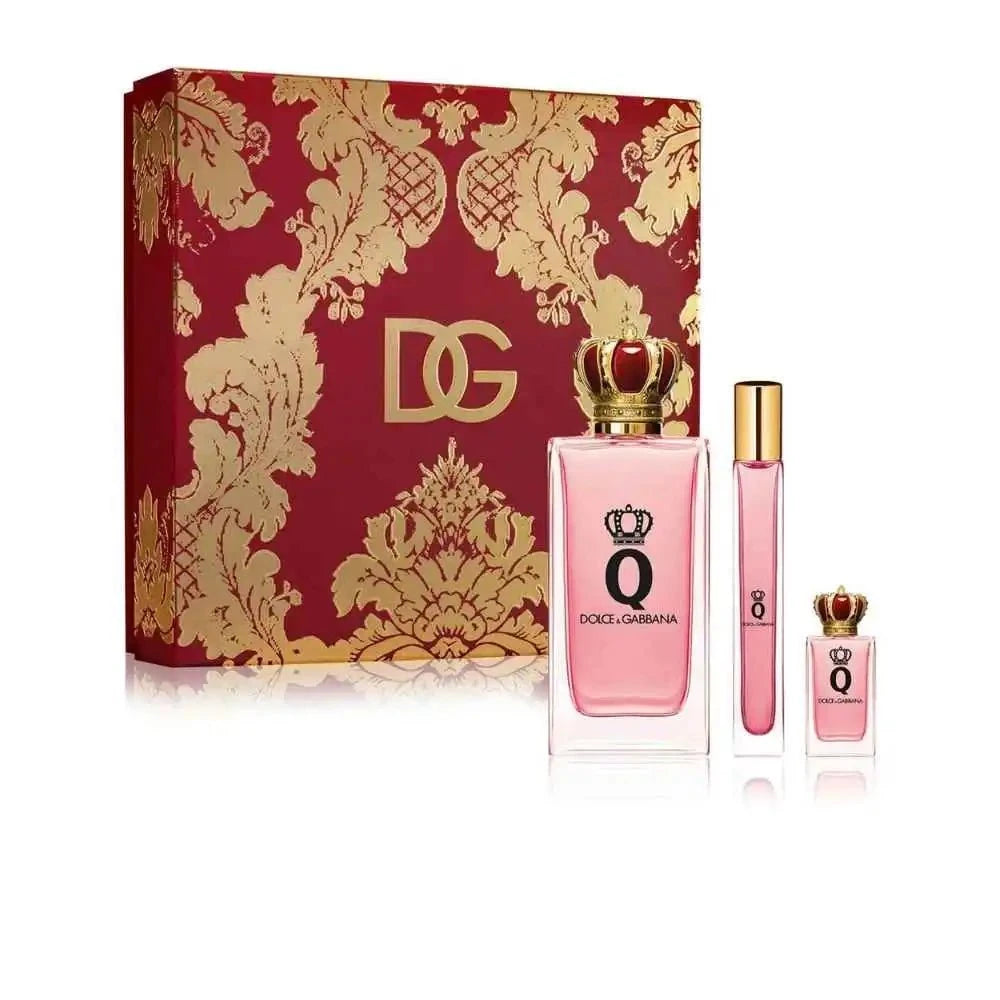 Dolce & Gabbana Q Eau de Parfum gift set for women – includes full-size perfume, travel spray, mini bottle, and luxury red gold designer box.