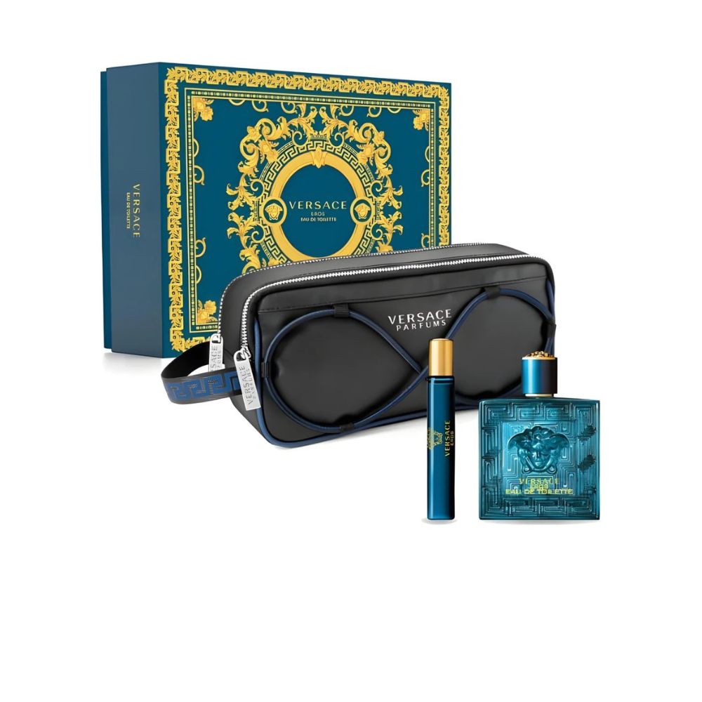 Versace men's grooming set with blue bottle, black pouch, and sunglasses on a white background