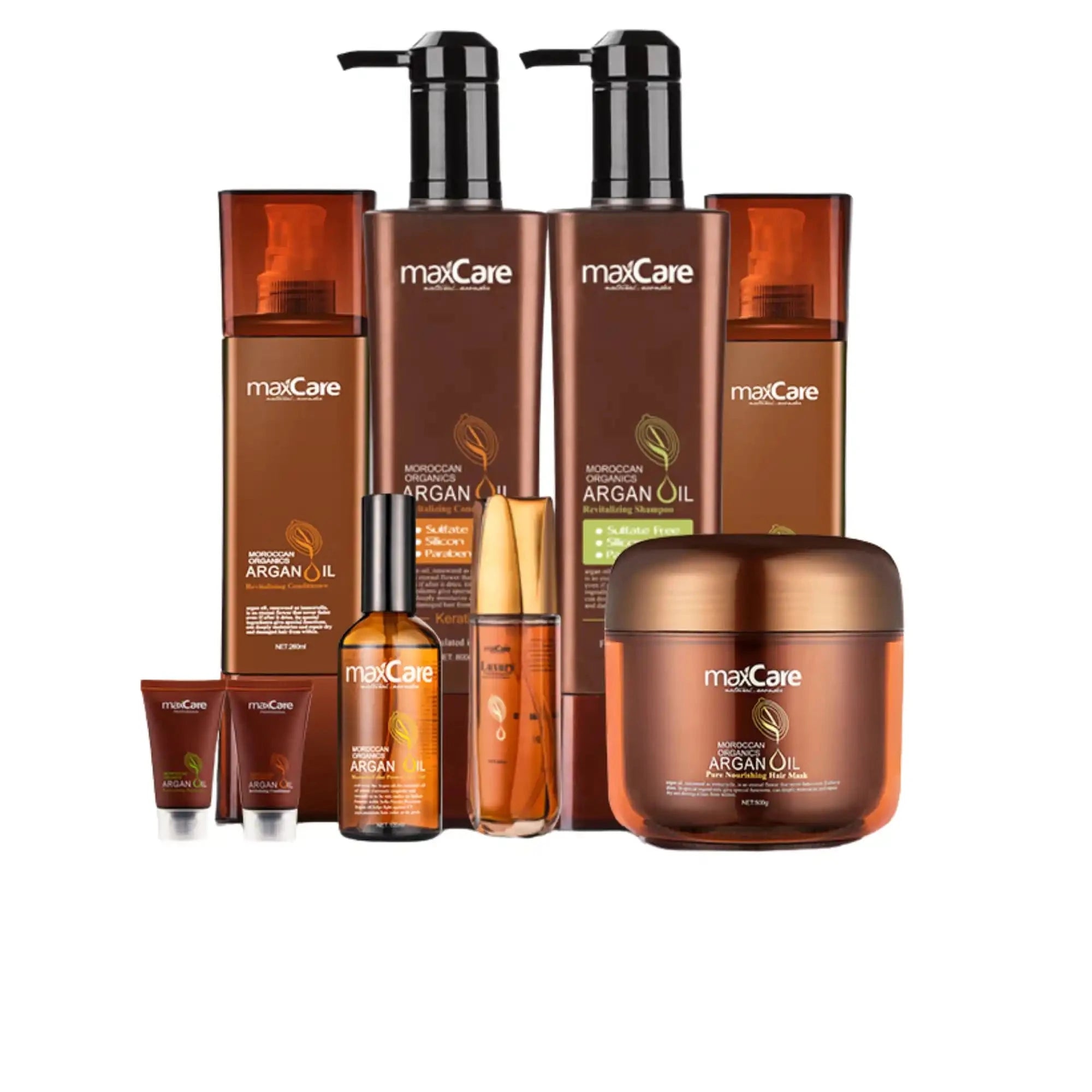 maxCare Argan Oil skincare and hair care products on a white background