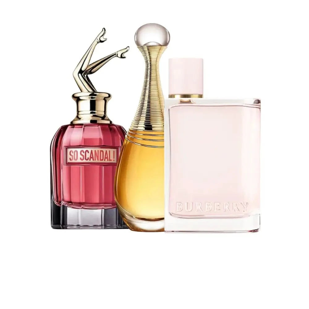 Jean Paul Gaultier So Scandal Eau de Parfum, Dior J’Adore Eau de Parfum, and Burberry Her Perfume – women’s luxury fragrances gift set collection.