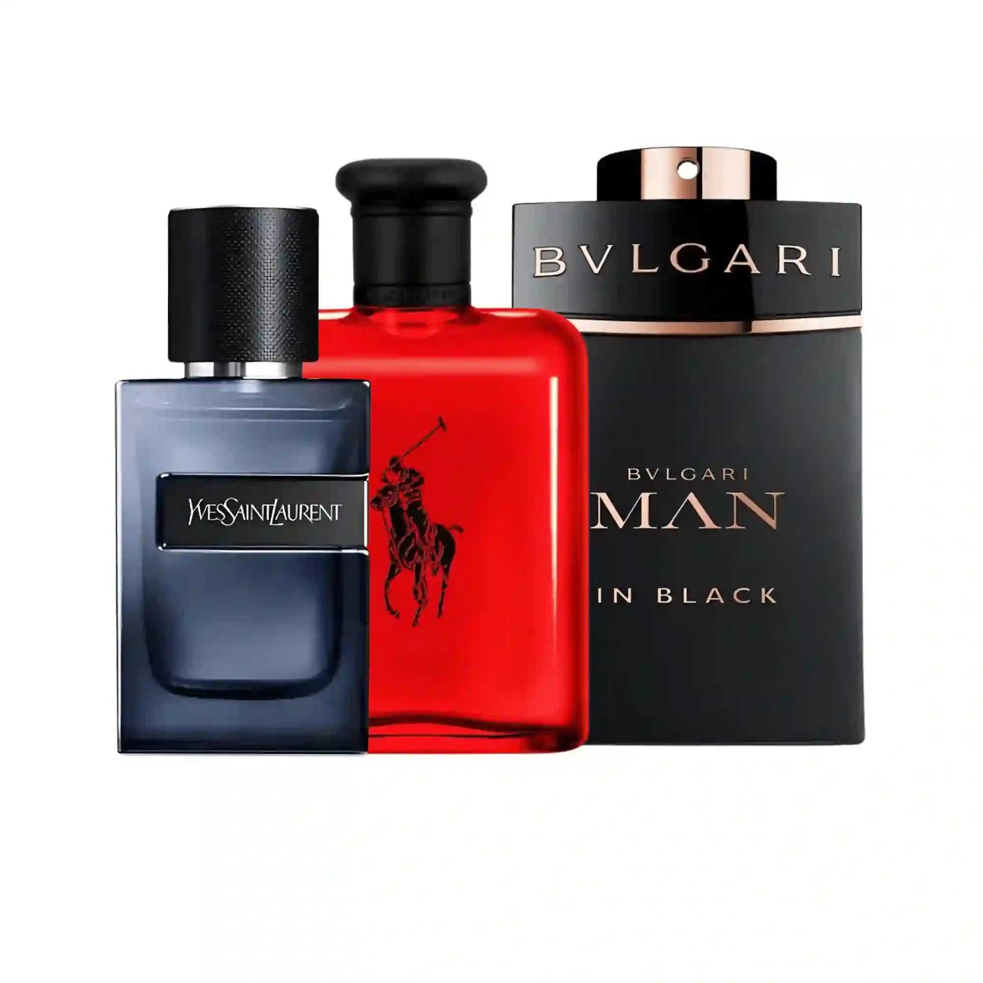Yves Saint Laurent men’s perfume, Ralph Lauren Polo Red Eau de Toilette, and Bvlgari Man In Black Eau de Parfum – luxury designer cologne set for men.