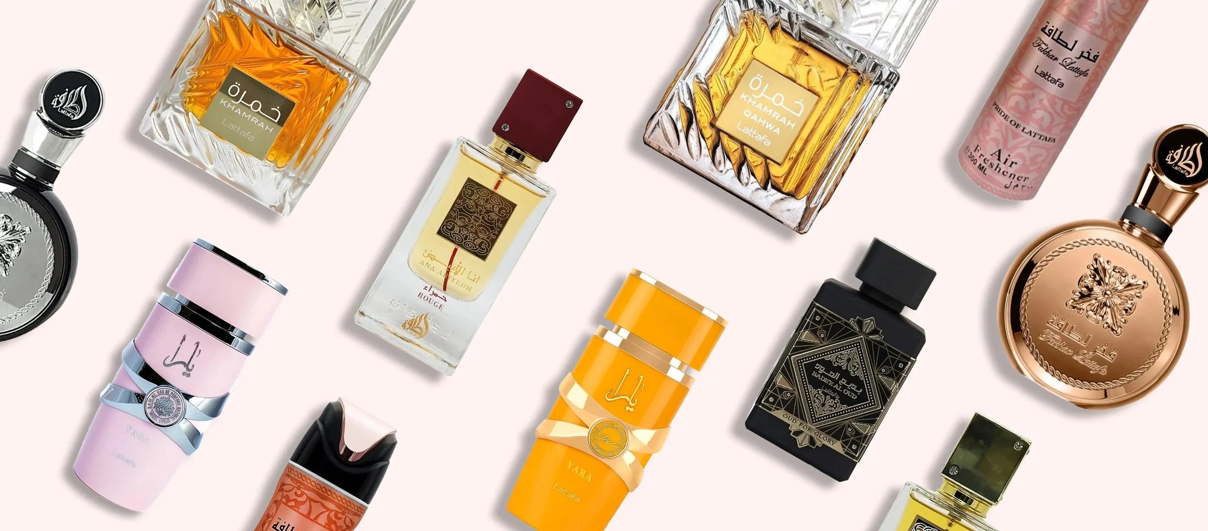 Various perfume bottles arranged in a row with different designs and colors.